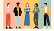 © Selvi - Group of five people in casual attire holding coffee cups engaging in conversation and socializing