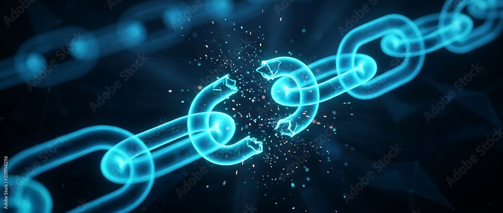 Glowing blue chain links shattering with particles and sparks ...