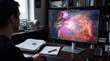 © Zireael - Colorful nebula displayed on a desktop monitor in a study for space wallpaper inspiration and astronomy workstation background