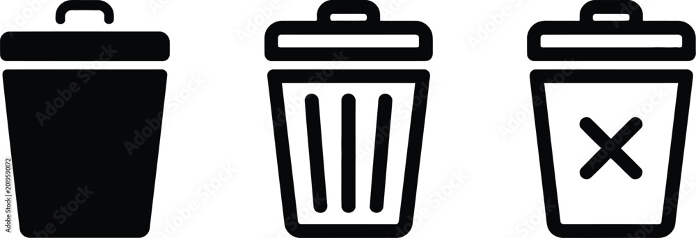 Trash can icon set, simple vector collection of waste bin icons in ...