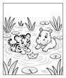 © Vect Village - Jungle animal tiger and hippo playing with paper boat coloring page for kids, black line art vector illustration for children's activity book design fun and education