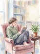 © Zireael - Young woman reading a book in a cozy armchair by a bookshelf watercolor painting for relaxing home reading background and lifestyle scene