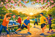 © Halina Berah - People exercise and enjoy a morning in a park during spring with blooming flowers and a rising sun