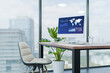 © Rendara Studio - 3D analytics office desk with dashboard monitor by city window