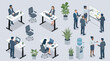 © Fatima - end Isometric people working office is a front view, business concept, management, office furniture, workflow, business office workers in suits insulated.