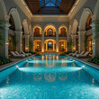 © Muhammad - Ultra-luxury resort pool with elegant arches, warm ambient lighting, and lush greenery, tranquil.