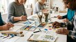 © Kristina - Multiethnic group of adult woman and man participating in workshop for art therapy. Diverse people painting with brush and color on paper. Collective creative hobby and social craft.