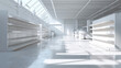 © DP - Modern retail interior with bright natural light illuminating empty white shelves and polished concrete floor in a spacious store environment