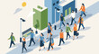 © Amelia - Diverse crowd walks along a sunlit city street beside buildings