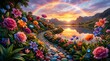 © Lukman - Enchanting landscape with a winding stone path through a vibrant floral paradise, reflecting a brilliant rainbow and sunset over a tranquil lake amidst majestic mountains