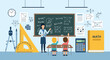 © DHS - Math lesson with teacher at blackboard explaining geometry and equations to two students sitting at desks, surrounded by math tools and diagrams.