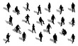 © Stocklume - People silhouettes walking and cycling in a crowd | Black flat isometric vector characters with shadows for urban architecture and site plan design