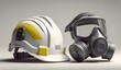 © AndyAziz - White safety helmet with yellow reflective stripes and black rubber gas mask with filters, protective gear for industrial or hazardous environments