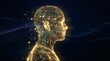 © horizon - Ethereal digital human profile constructed from glowing golden data particles and binary code floating in a dark futuristic cyberspace void.