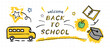© KLYONA - A wide panoramic banner for the start of the school year in a doodle style, featuring a school bus, a notebook, an academic cap, an apple, and stars.
