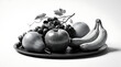 © Indigo - A still life composition featuring a variety of fresh fruits including apples, pears, grapes, oranges, and bananas artfully arranged on a dark platter
