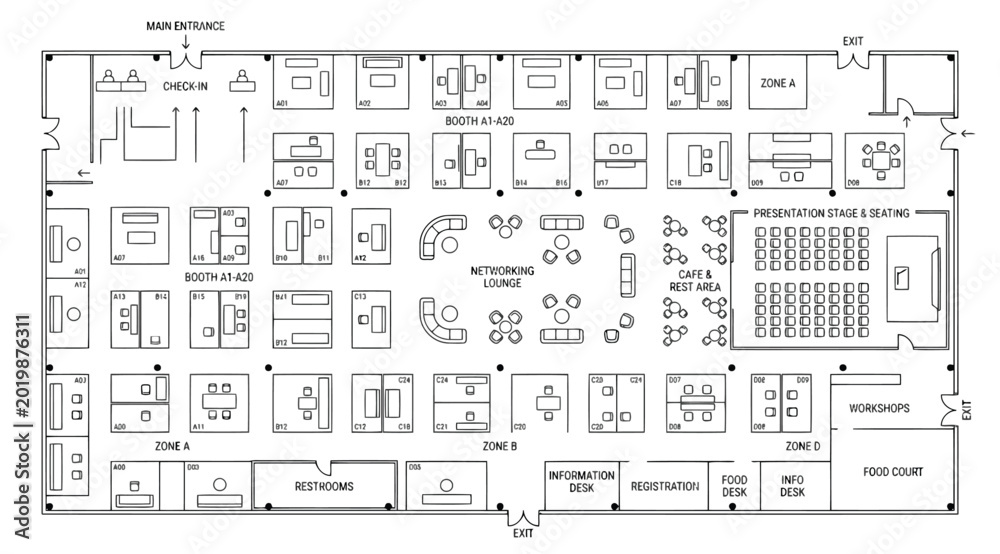 Exhibition hall floor plan with booths and networking lounge Stock ...