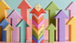 © Aillusionist - Colorful stacked arrow blocks among upward arrows symbolizing growth teamwork progress leadership success and business development in playful abstract 3D concept