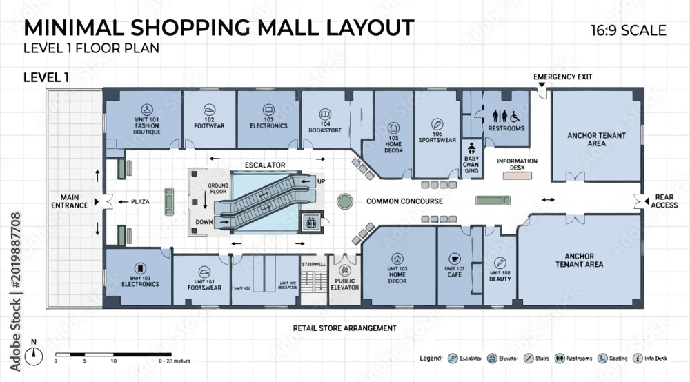 Minimal shopping mall floor plan layout with retail units and common ...
