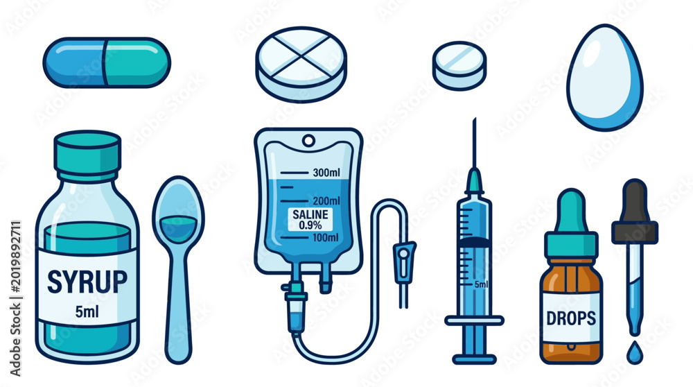 Tablet Injection Syrup Common Drug Delivery Formats and Methods Set - Medical Icons for ...