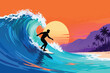 © Rahmat - Surfer Riding Big Ocean Wave at Sunset Vector Illustration, extreme water sport adventure on tropical beach with vibrant summer colors