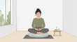 © Felippe Lopes - Woman meditating in lotus pose on cushion in a room with a window overlooking trees vector style