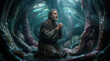 © Bargais - Jonah kneeling in prayer inside the belly of a great fish.