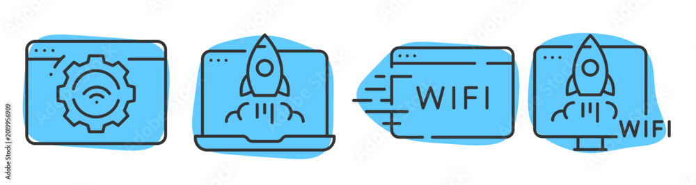 Browser window icons showing rocket launch and wifi symbols. Editable ...