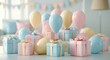 © Elexa - Pastel balloons and gift boxes arranged on a white table in a bright celebratory room with soft bokeh for event planning and birthday marketing