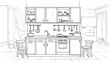 © askara - Detailed black and white line art illustration of a modern home kitchen interior with cabinets sink stove and two chairs depicted in a clean outline sketch style.