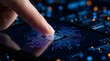 © HAMZA - Finger touching a glowing blue circuit board on a smartphone screen with a futuristic background