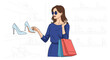 © James - Stylish woman wearing sunglasses and holding shopping bags while choosing elegant blue high heel shoes in a fashion store.