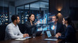 © Harry - Business team analyzing financial data with holographic charts in a modern office boardroom.
