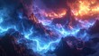 © PhotoMet - fulmini azzurri che passano in mezzo alle montagne, in un ambiente oscuro e tempestoso di fantasia