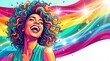 © Phaimanee - A vibrant vector illustration of a joyful woman laughing with her head tilted back, featuring colorful curly hair in shades of pink, teal, and yellow. The background has bold rainbow-colored swooping