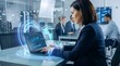 © Nature Lens Studio - Professional businesswoman working on laptop with futuristic AI hologram interface in modern corporate office at night.