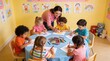 © JohnLee - Preschool kids painting with teacher in bright classroom