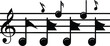 © Tareq's ART - A horizontal row of black musical symbols on a staff, featuring a treble clef and diverse notes, illustrates fundamental music notation for educational and design purposes