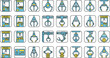 © Shefali - Arcade claw machine vector icon set featuring square linear buttons with prize crane mechanisms, joysticks, and toys isolated on white background.