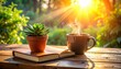 © NurAfiqah - Warm morning sunlight streams onto a steaming cup of coffee and a potted plant beside an open book on a rustic wooden table, inviting peaceful reflection.