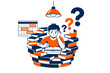 © peppastocker - Young person surrounded by a spiral tower of books and floating question