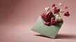 © creativestore - Green envelope with multiple red and white paper hearts spilling out on pink background, envelope