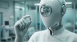 © Margarita Ratatosk - Robot doctor holding pill to control brain. Cybernetic medic with human crowd reflection in visor. Artificial intelligence medical experiment for mind control and human psyche manipulation.