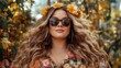 © AkosHorvathWorks - Portrait of a confident woman wearing sunglasses and floral attire standing among colorful flowers in a sunlit outdoor setting