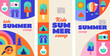 © Marina Zlochin - Geometric kids science summer camp vertical poster templates with fun activities icons. Colorful summer background vector illustration.