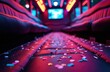 © Viktor - Empty party bus interior with scattered colorful confetti on plush seats. Neon lights glow in vibrant pink, blue hues, creating festive, celebratory atmosphere. Ideal for events, nightlife, fun.