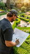 © pattozher - Garden Architect at Work: A seasoned landscaper, immersed in his craft, meticulously reviews blueprints within a vibrant, cultivated garden setting, embodying the art of outdoor design.