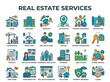 © Valeriia - Real Estate Services Icon Set with Property Management, Mortgage, Architecture, Home Security and Construction Solutions in Modern Flat Vector Style