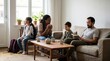 © Yauhen - A multiethnic family gathers in a bright living room. Parents and children engage in slow living through reading and tea. Ideal for parenting blogs, mental health, or lifestyle content.