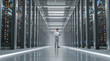© dK - Technician reviewing tablet in long symmetrical data center aisle with multicolored led indicators and reflective floor